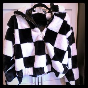 Checkered faux fur hoodie